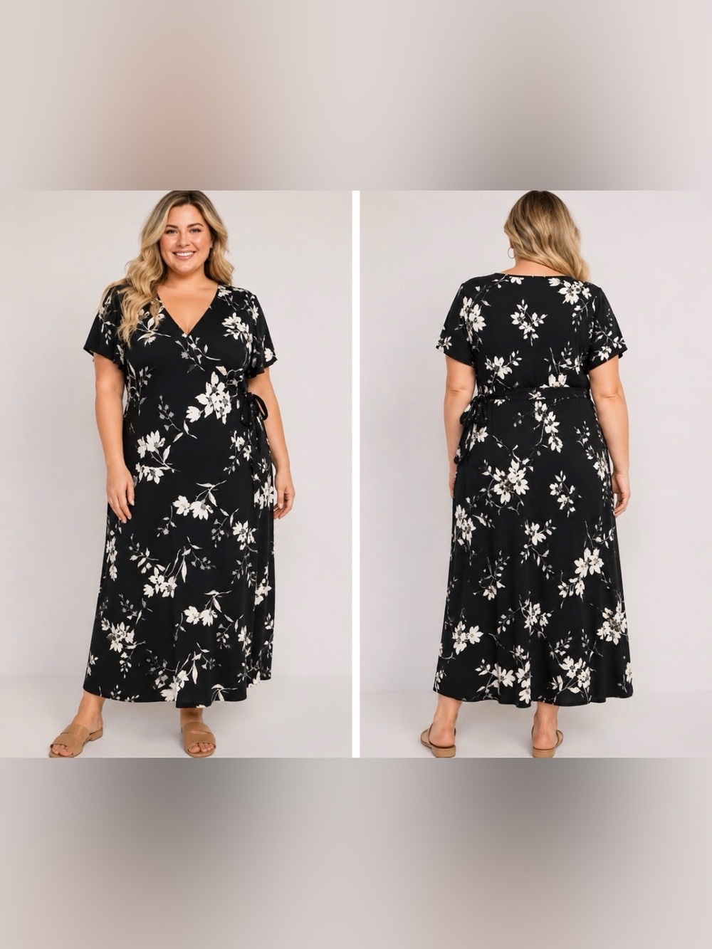 Dark cottage core Whimsigoth Wrap-Front Tall Midi Dress with White Floral Print